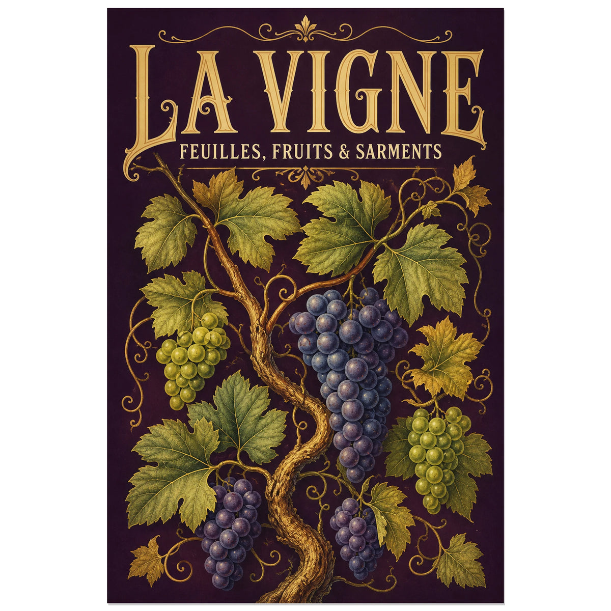 Affiche La vigne, feuilles, fruits et sarments, illustration botanique détaillée inspirée des planches gravées anciennes verticale, format 40 × 60 cm