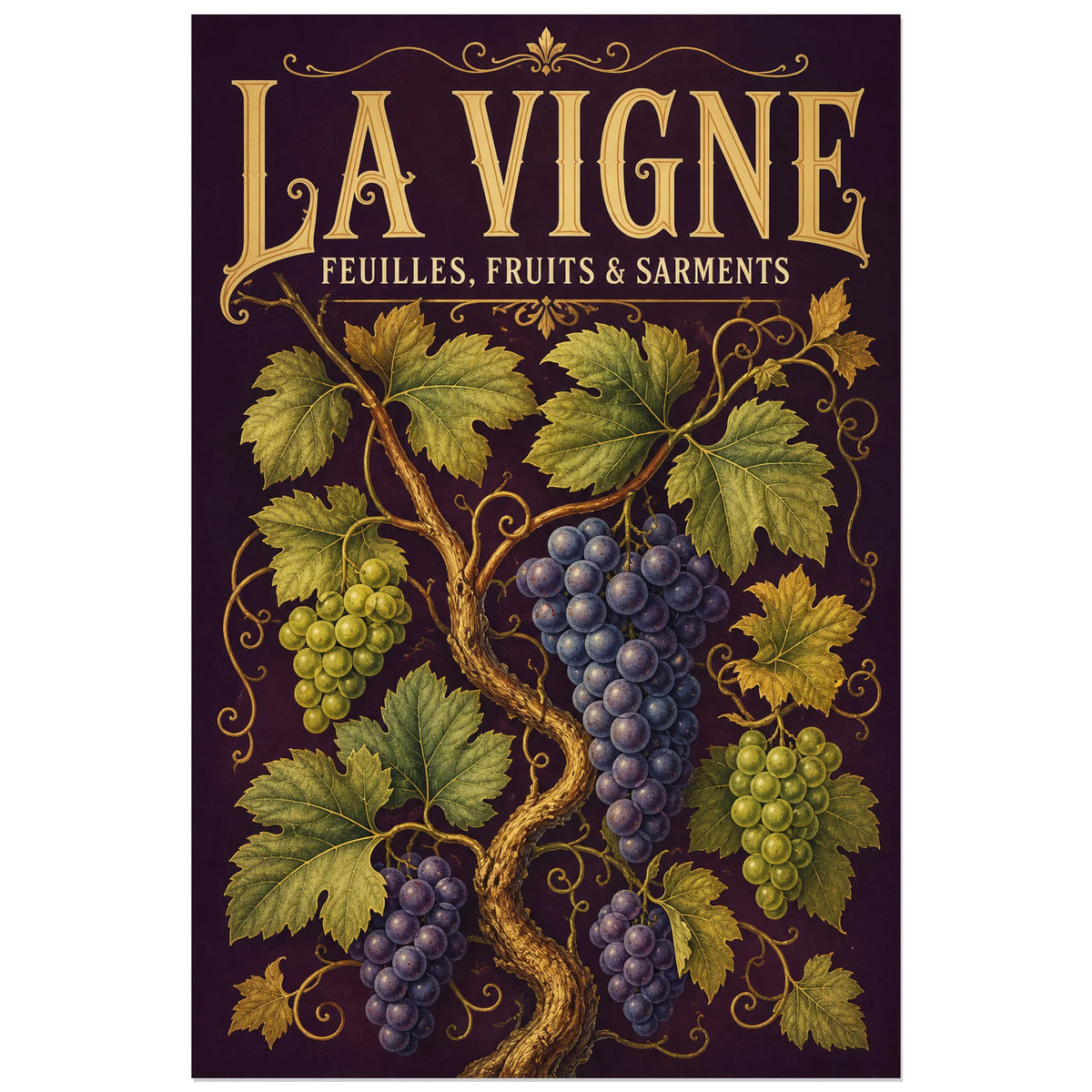 Affiche La vigne, feuilles, fruits et sarments, illustration botanique détaillée inspirée des planches gravées anciennes verticale, format 60 × 90 cm