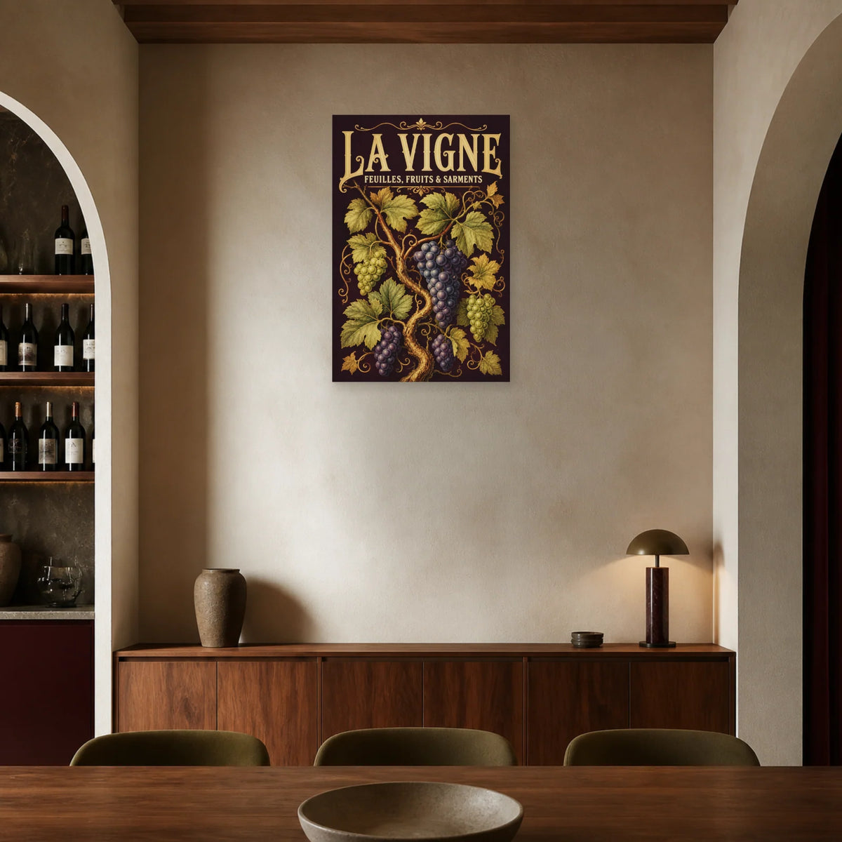 Affiche La vigne, feuilles, fruits et sarments dans une salle à manger - Art Virtuoso