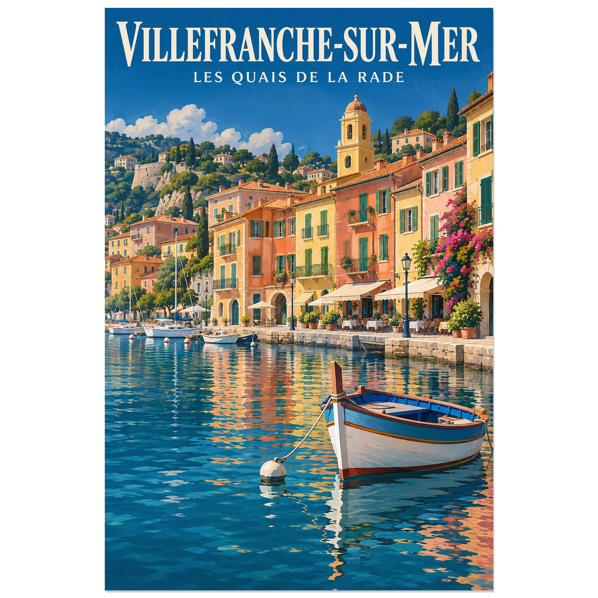 Affiche Villefranche-sur-Mer - Les quais de la rade, illustration peinte / affiche de voyage rétro verticale, format 40 × 60 cm