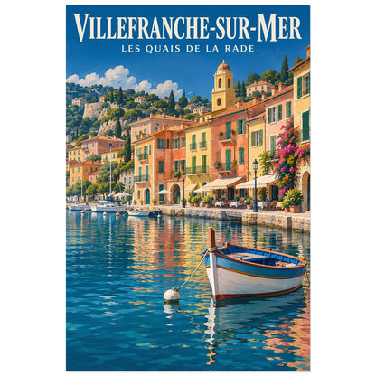 Affiche Villefranche-sur-Mer - Les quais de la rade, illustration peinte / affiche de voyage rétro verticale, format 60 × 90 cm