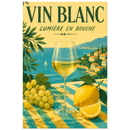Affiche Vin blanc, lumière en bouche, illustration de villégiature rétro en aplats lumineux verticale, format 30 × 45 cm