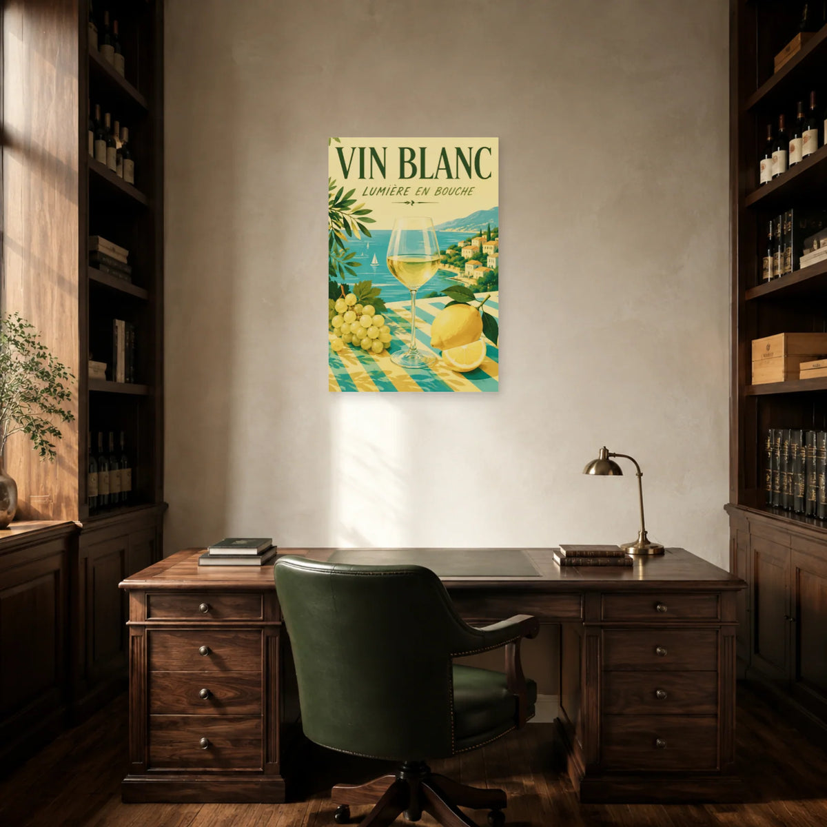 Affiche Vin blanc, lumière en bouche dans un bureau - Art Virtuoso