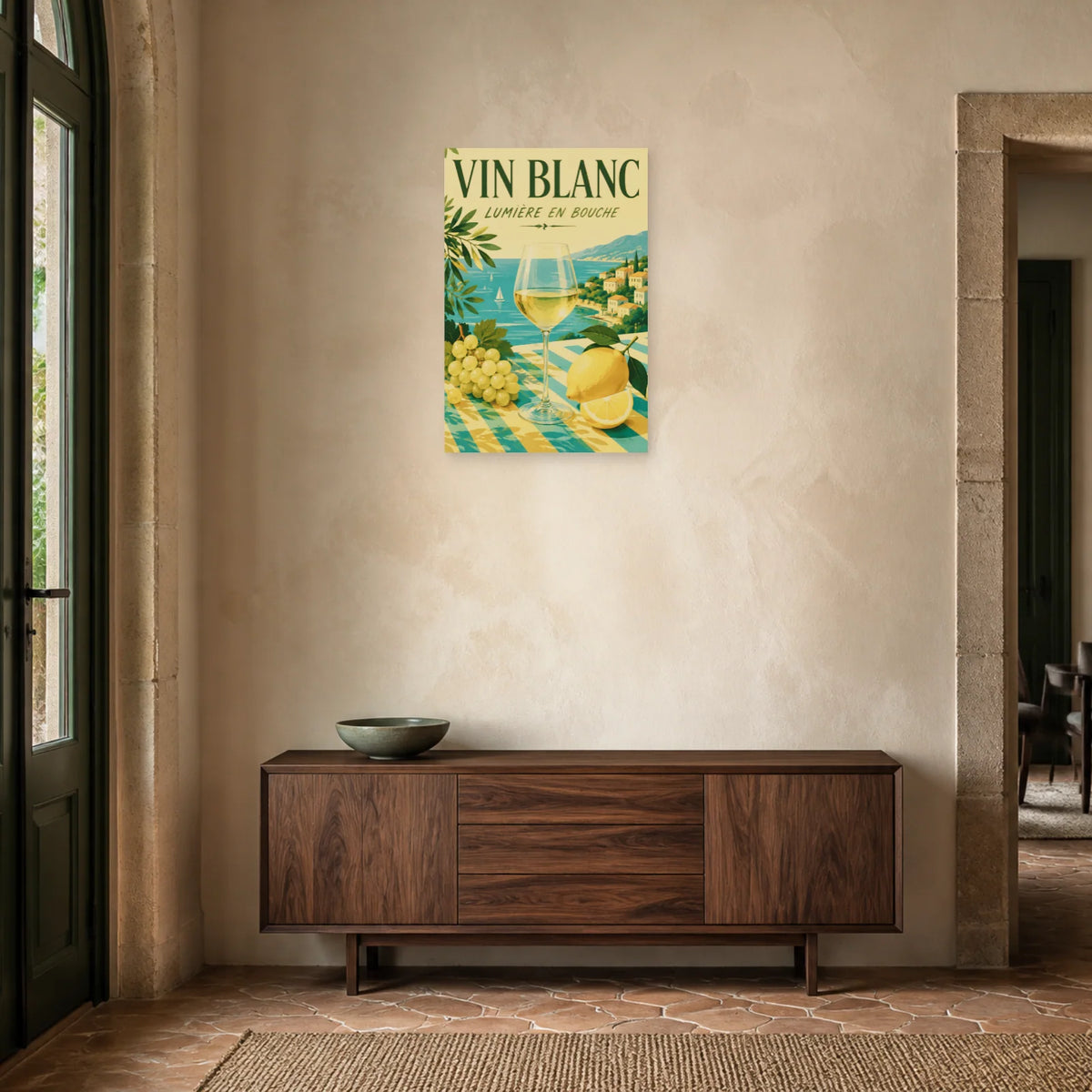 Affiche Vin blanc, lumière en bouche dans une entrée ou un couloir - Art Virtuoso