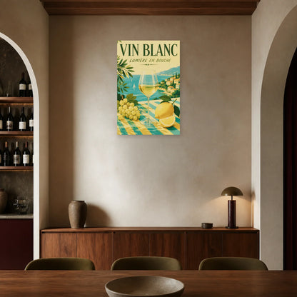 Affiche Vin blanc, lumière en bouche dans une salle à manger - Art Virtuoso
