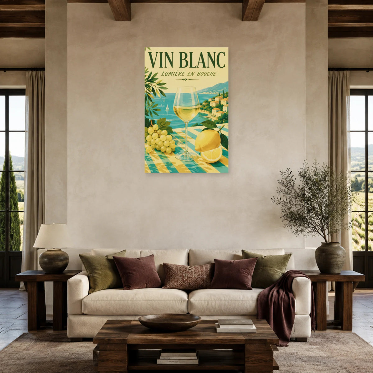 Affiche Vin blanc, lumière en bouche dans un salon - Art Virtuoso