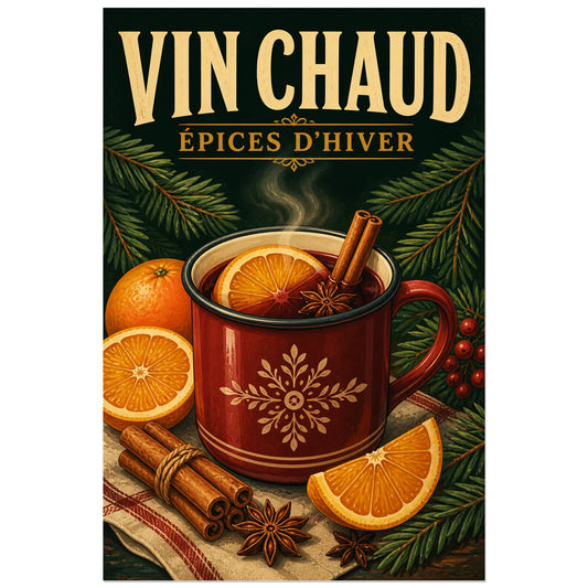Affiche Vin chaud, épices d'hiver, illustration culinaire hivernale à patine rétro verticale, format 30 × 45 cm