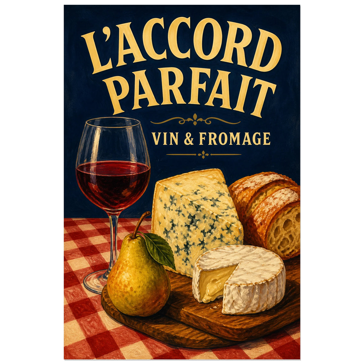 Affiche Vin et fromage, accord parfait, illustration gastronomique peinte dans l’esprit des affiches de bistrot verticale, format 60 × 90 cm