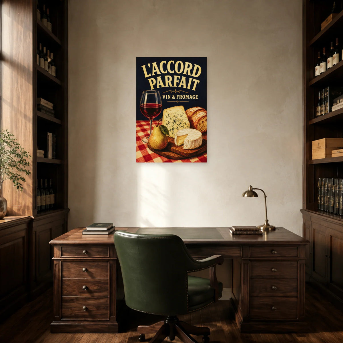 Affiche Vin et fromage, accord parfait dans un bureau - Art Virtuoso