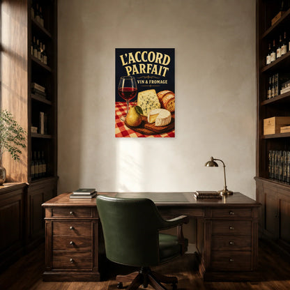 Affiche Vin et fromage, accord parfait dans un bureau - Art Virtuoso
