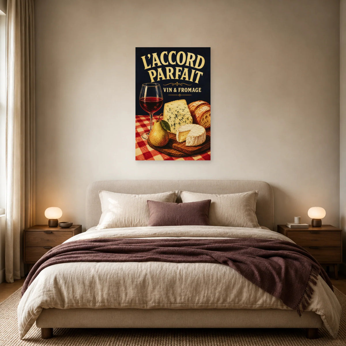 Affiche Vin et fromage, accord parfait dans une chambre - Art Virtuoso