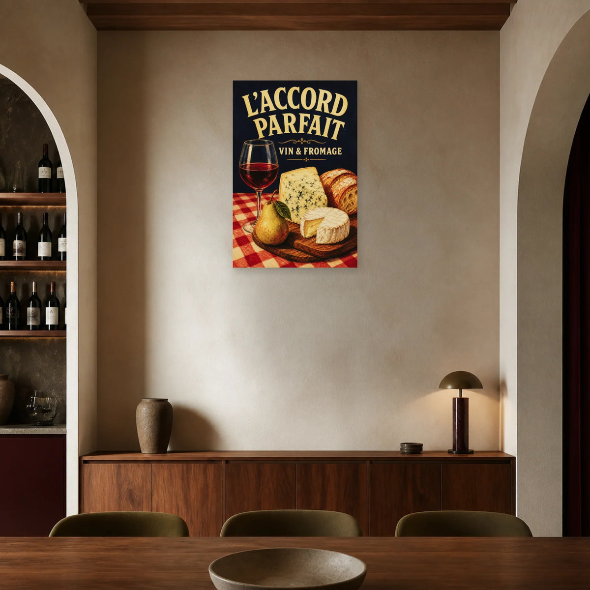 Affiche Vin et fromage, accord parfait dans une salle à manger - Art Virtuoso