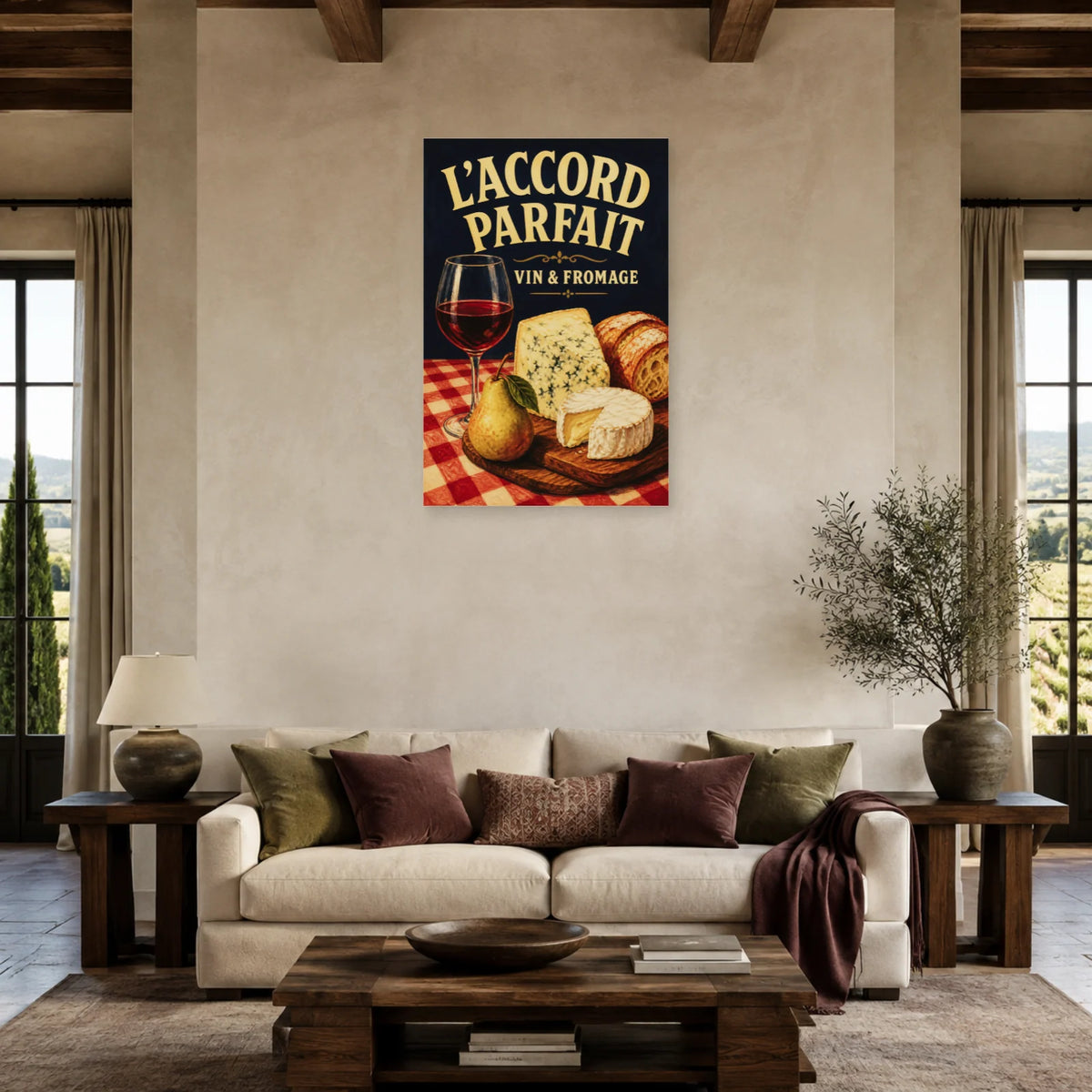 Affiche Vin et fromage, accord parfait dans un salon - Art Virtuoso