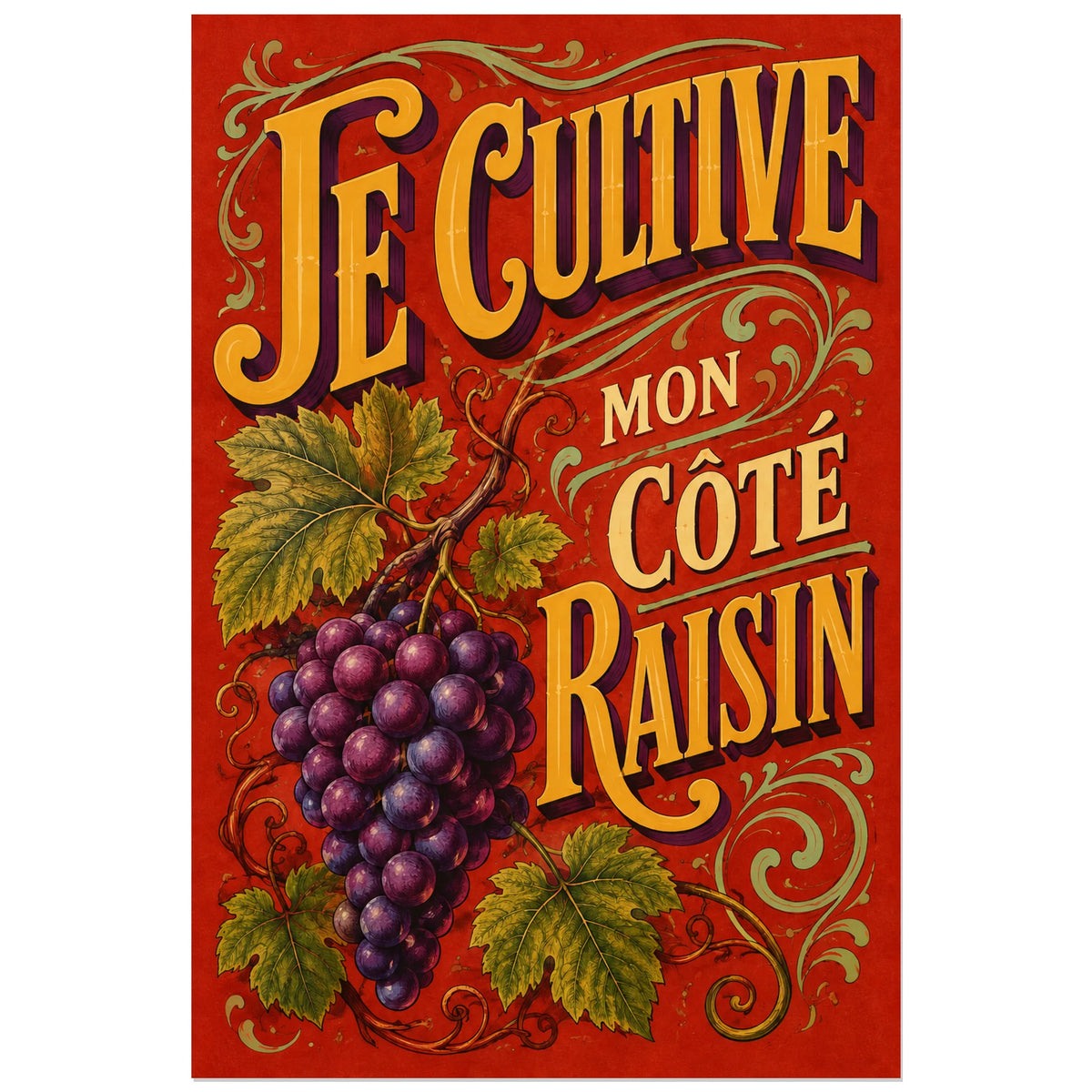 Affiche Je cultive mon côté raisin, affiche typographique rétro avec lettrage ornemental et illustration botanique verticale, format 60 × 90 cm