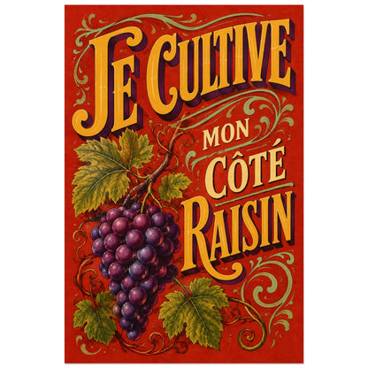 Affiche Je cultive mon côté raisin, affiche typographique rétro avec lettrage ornemental et illustration botanique verticale, format 60 × 90 cm