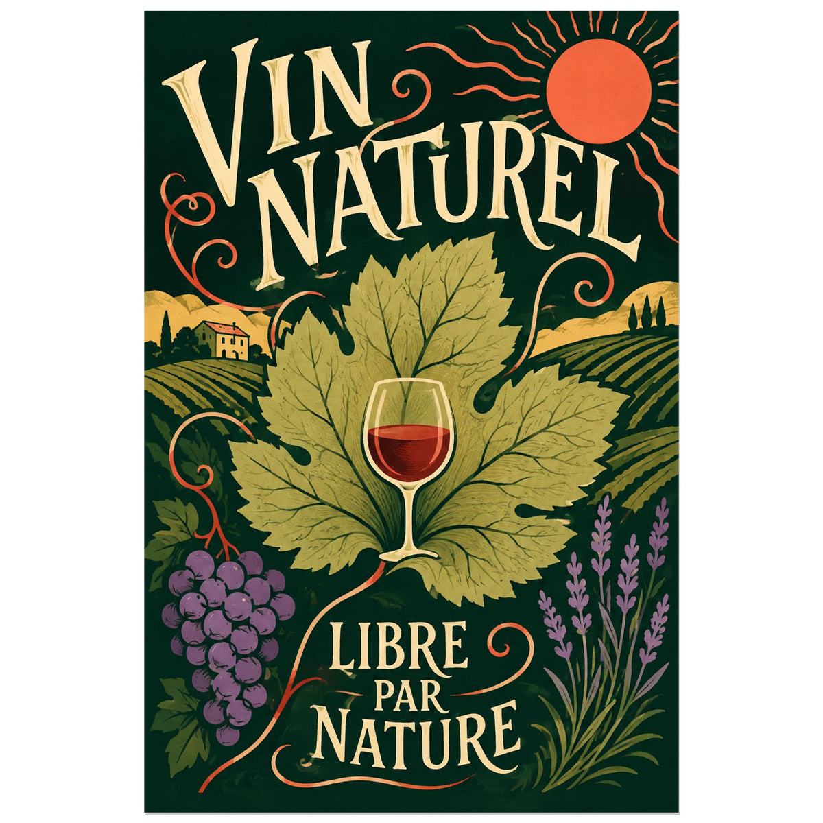 Affiche Vin naturel, libre par nature, illustration végétale populaire avec lettrage peint expressif verticale, format 30 × 45 cm