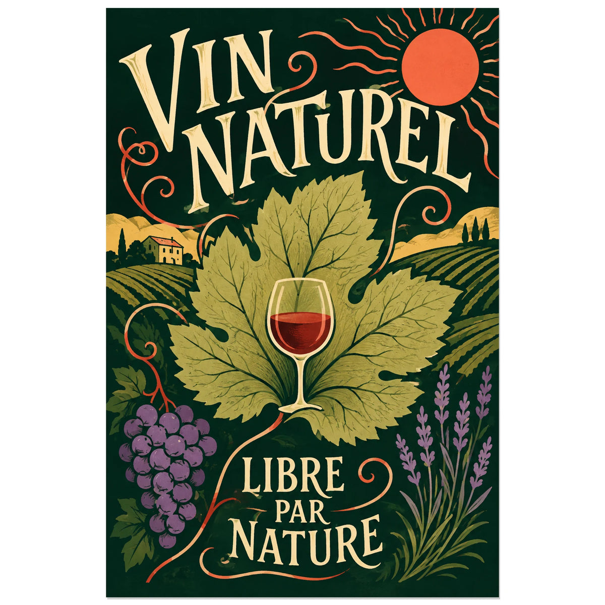 Affiche Vin naturel, libre par nature, illustration végétale populaire avec lettrage peint expressif verticale, format 40 × 60 cm