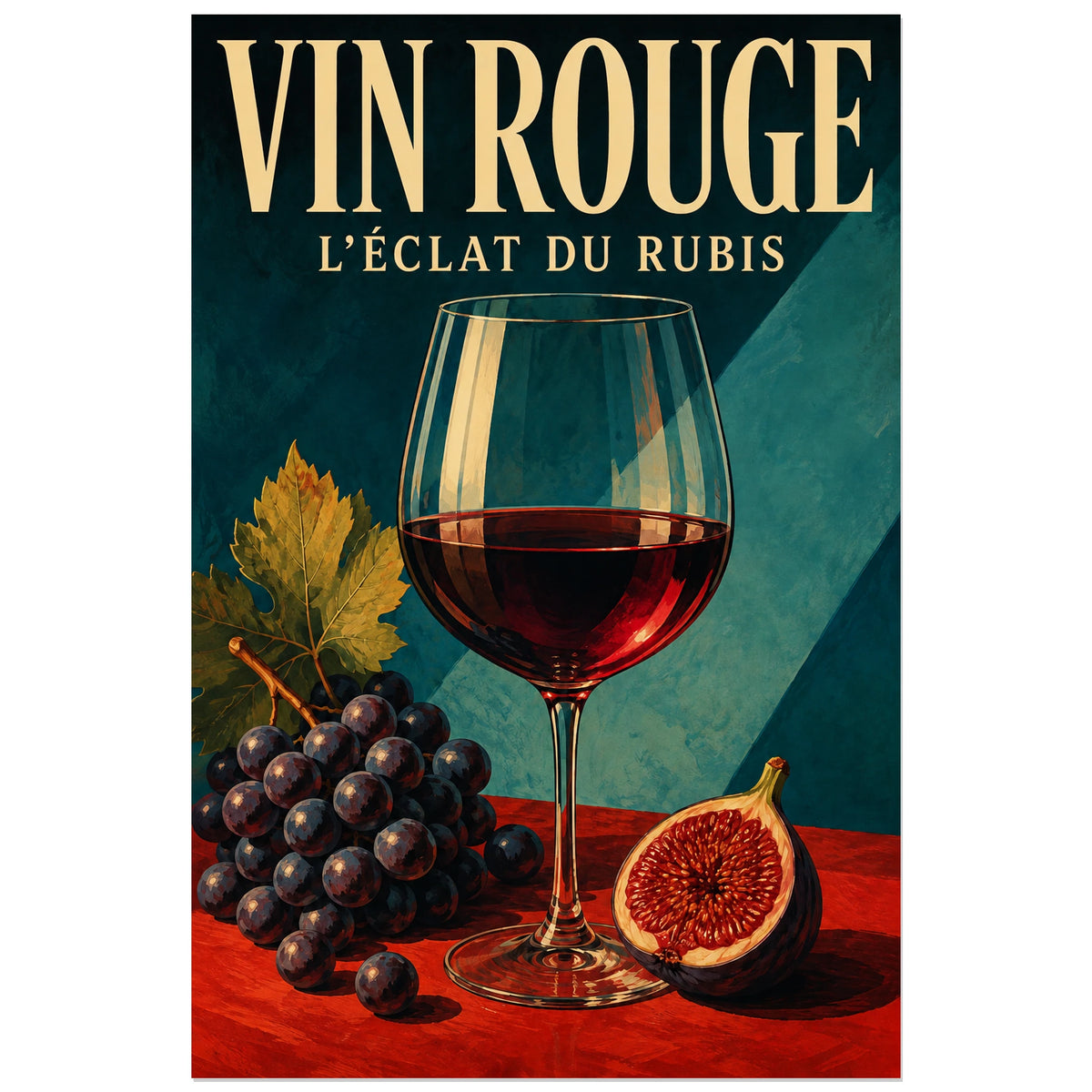Affiche Vin rouge, éclat du rubis, nature morte illustrée aux volumes peints et aux contrastes graphiques verticale, format 30 × 45 cm