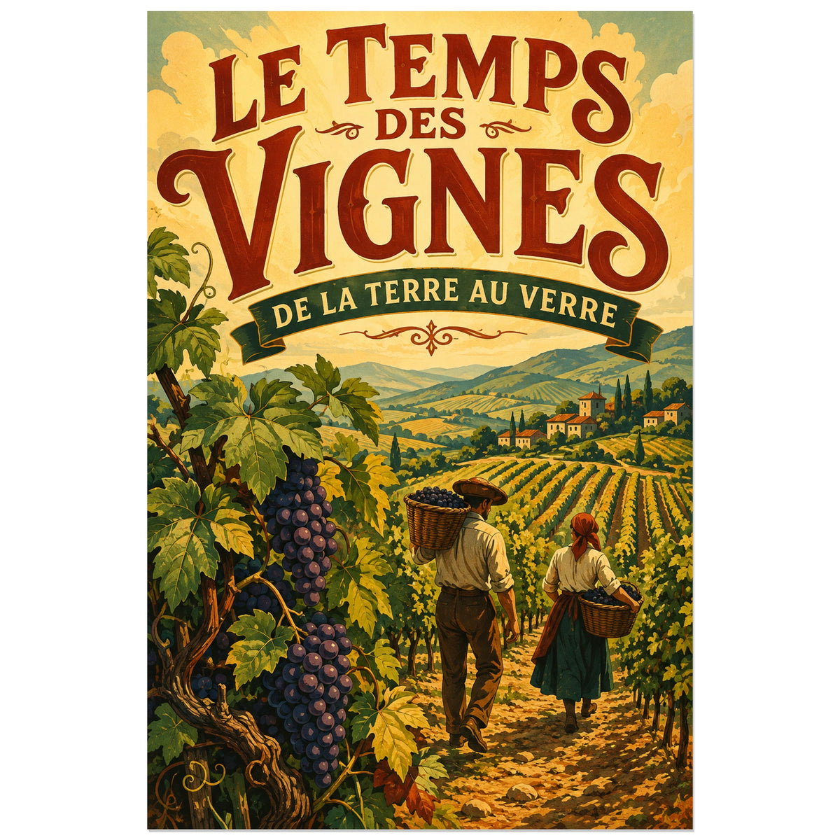 Affiche Le temps des vignes, illustration de vendanges inspirée de la lithographie publicitaire ancienne verticale, format 30 × 45 cm