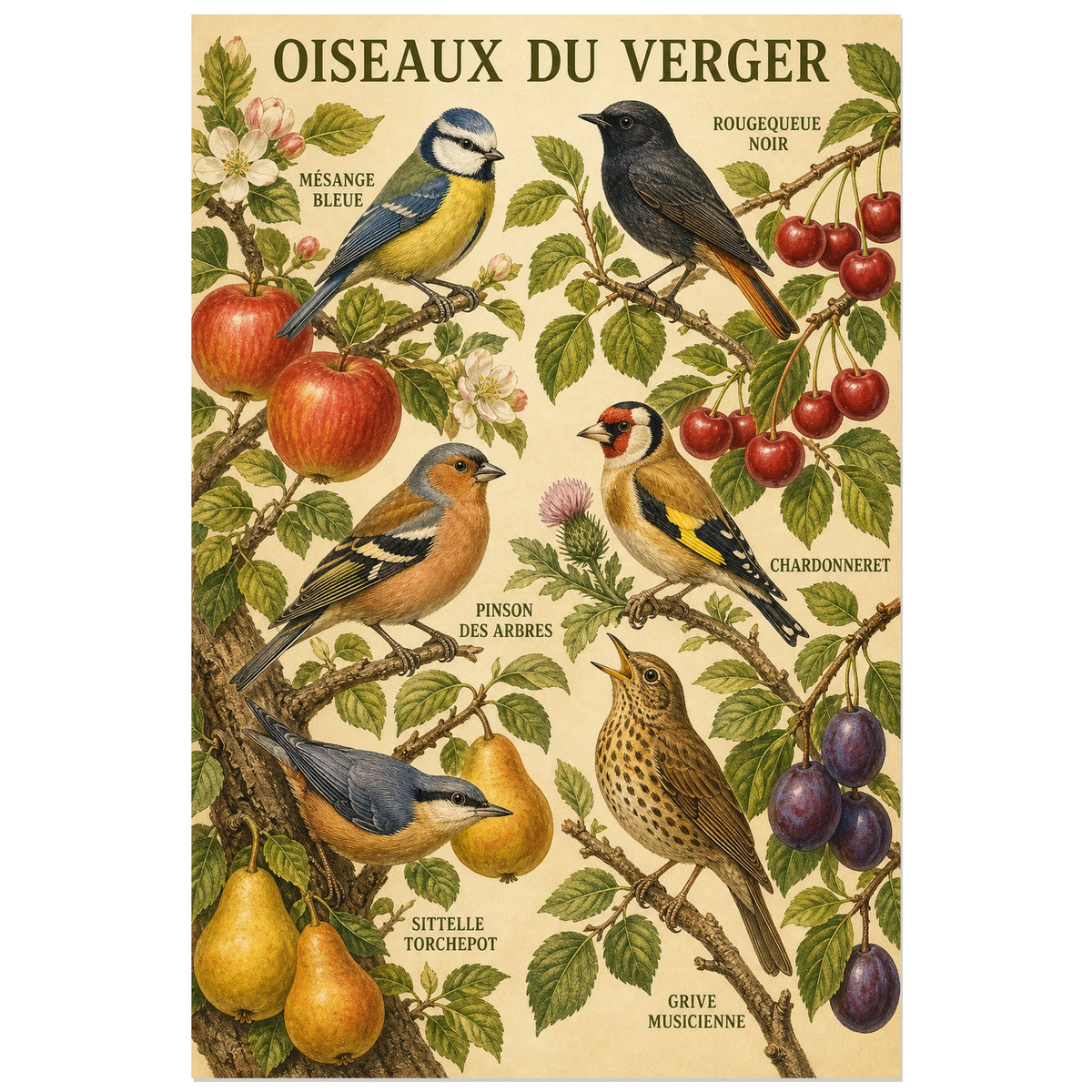 Affiche Oiseaux du verger - Style vintage, chromolithographie naturaliste vintage riche en détails botaniques verticale, format 30 × 45 cm