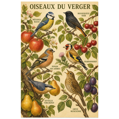 Affiche Oiseaux du verger - Style vintage, chromolithographie naturaliste vintage riche en détails botaniques verticale, format 30 × 45 cm