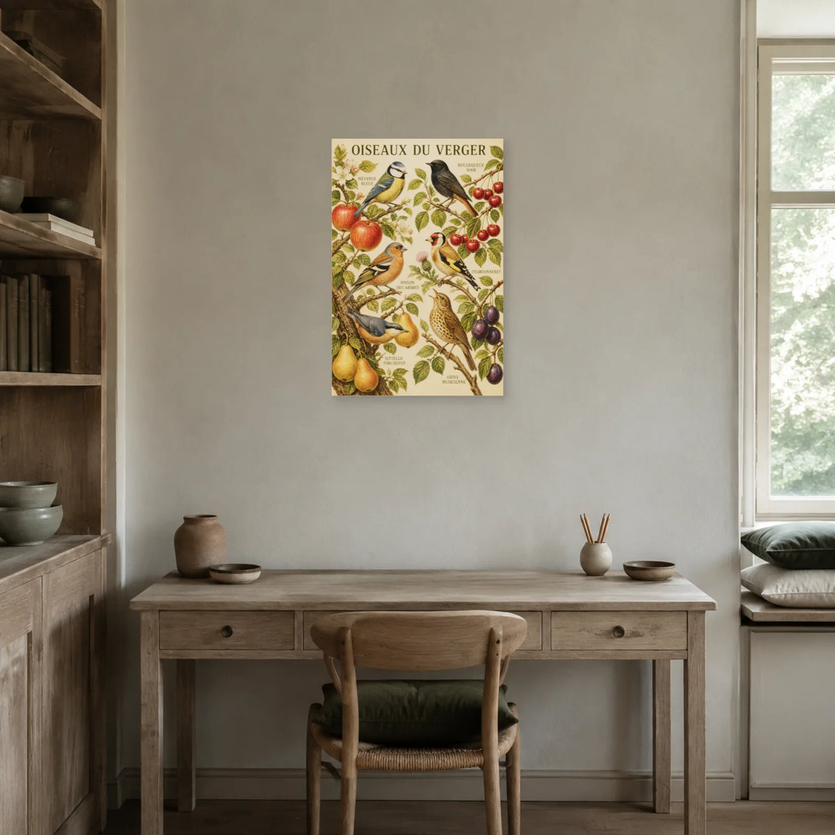 Affiche Oiseaux du verger - Style vintage dans un bureau - Art Virtuoso