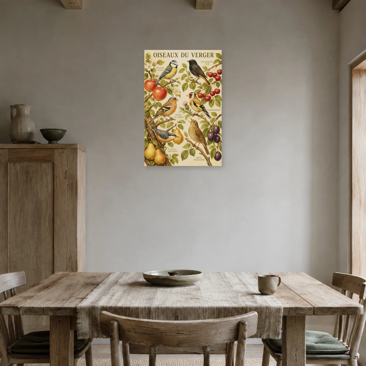 Affiche Oiseaux du verger - Style vintage dans une salle à manger - Art Virtuoso
