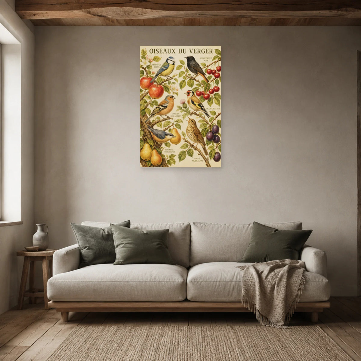 Affiche Oiseaux du verger - Style vintage dans un salon - Art Virtuoso