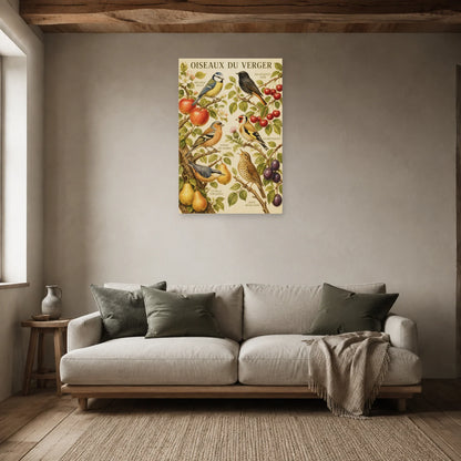 Affiche Oiseaux du verger - Style vintage dans un salon - Art Virtuoso
