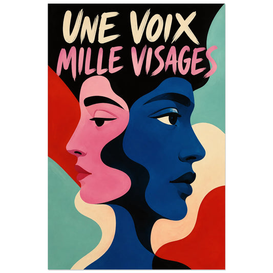 Profil rose tourné à gauche et profil cobalt tourné à droite sur noir, affiche 30 × 45 cm