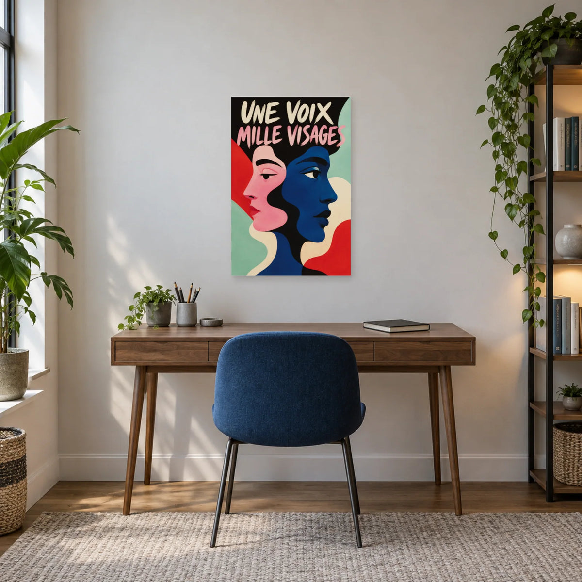 Affiche visage abstrait – Une voix, mille visages dans un bureau - Art Virtuoso