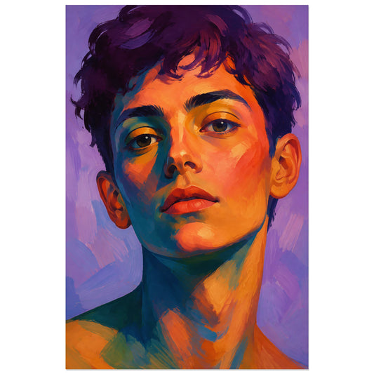 Visage expressif orange et bleu sur fond lavande, affiche 30 × 45 cm