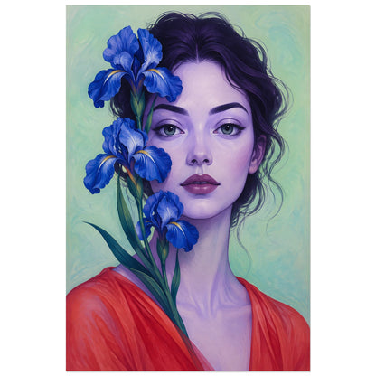 Visage frontal, fleurs bleues et vêtement corail, affiche 60 × 90 cm