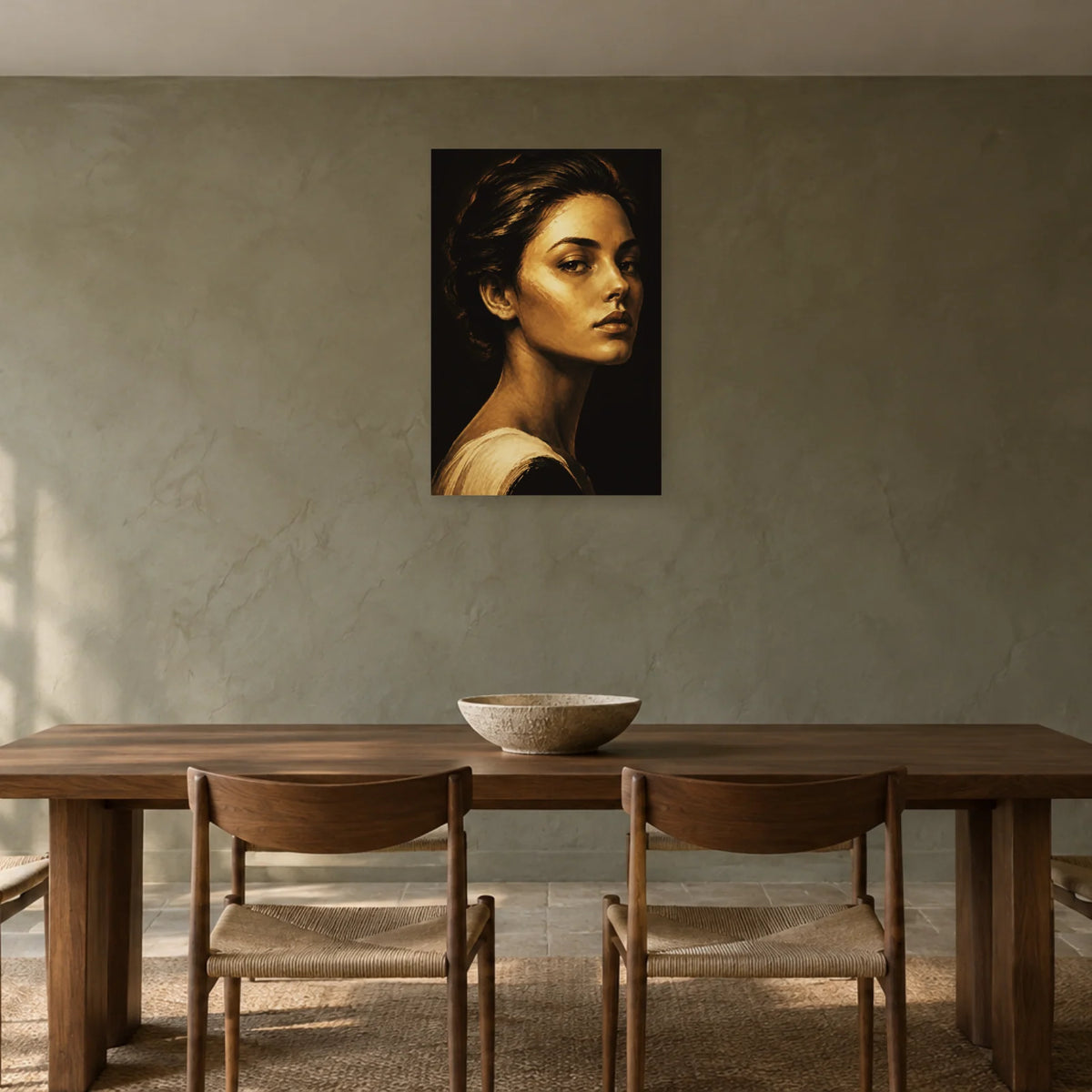 Affiche Visage noir et or, lumière précieuse dans une salle à manger - Art Virtuoso