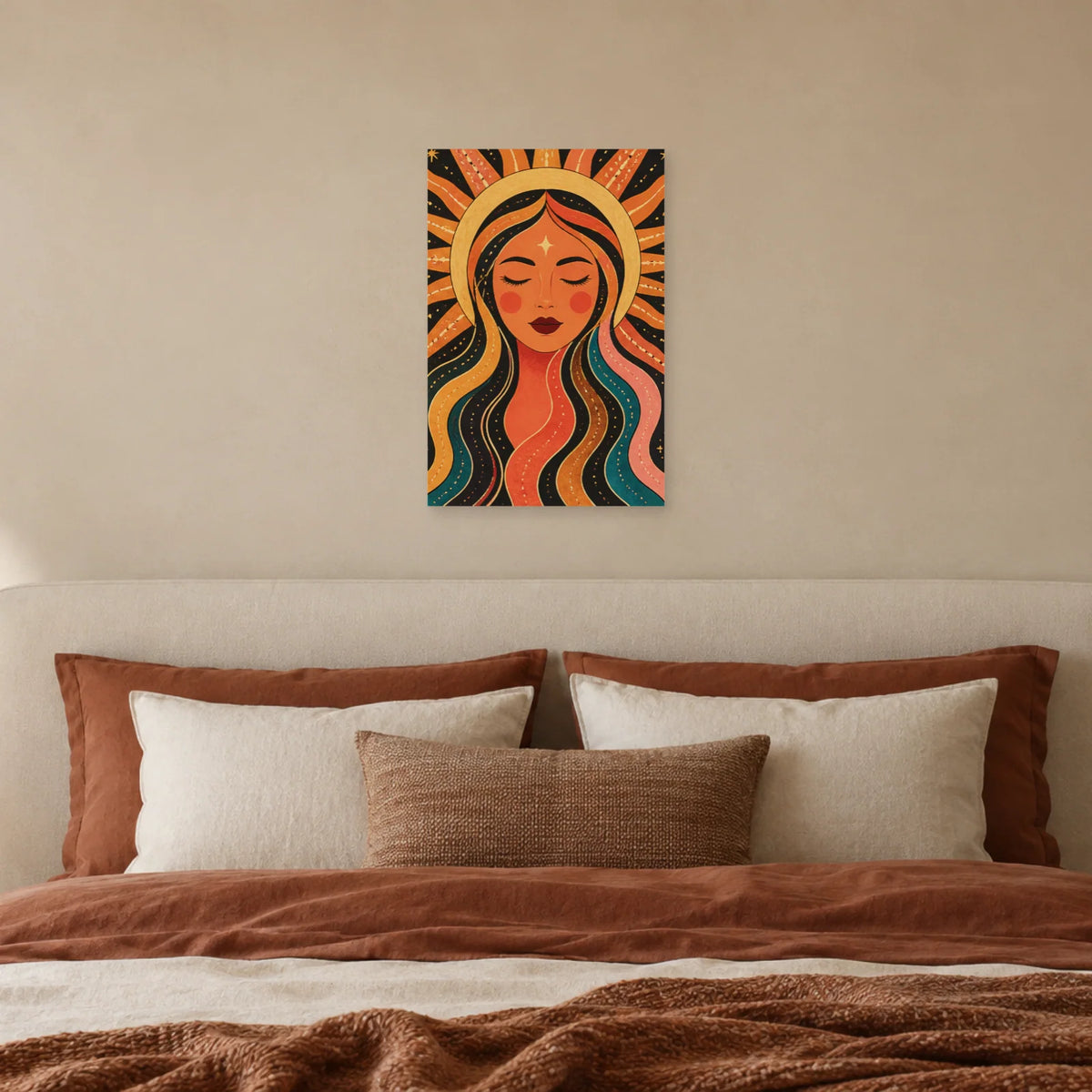 Affiche Visage solaire terracotta dans une chambre - Art Virtuoso