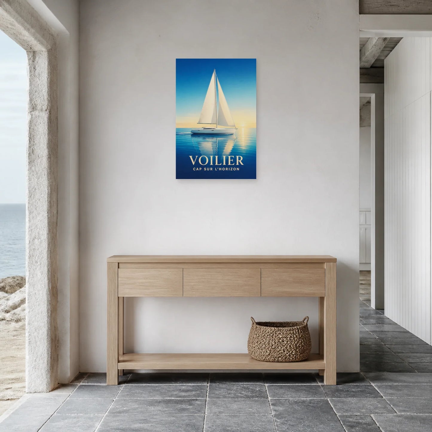 Affiche Voilier – Cap sur l’Horizon dans une entrée ou un couloir - Art Virtuoso