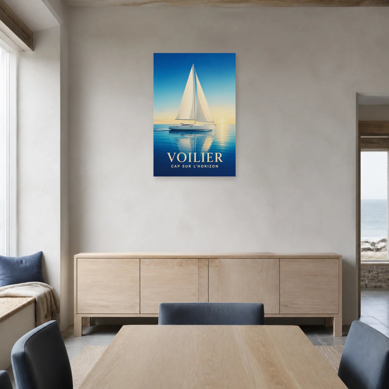 Affiche Voilier – Cap sur l’Horizon dans une salle à manger - Art Virtuoso