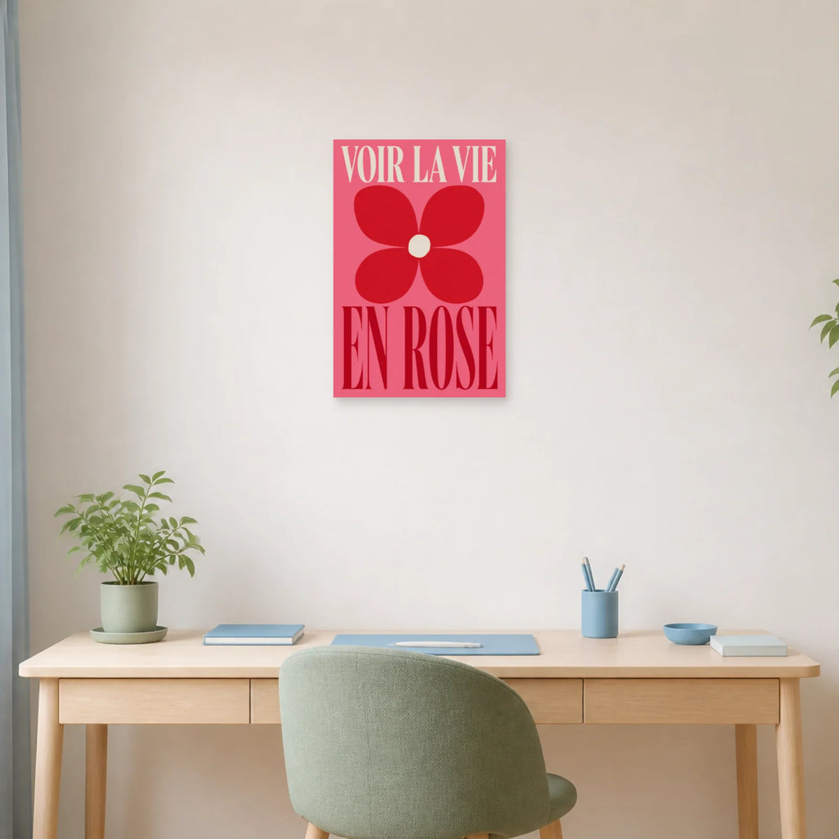 Affiche Voir la vie en rose – Fleur graphique dans un bureau - Art Virtuoso