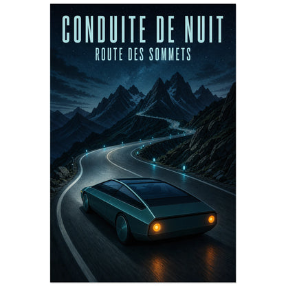 Affiche Conduite de nuit – Route des sommets, illustration automobile rétrofuturiste nocturne aux formes géométriques nettes verticale, format 60 × 90 cm