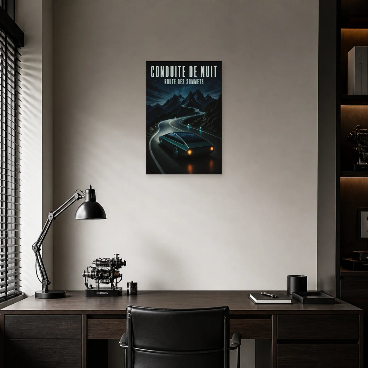 Affiche Voiture de nuit – Route des sommets dans un bureau - Art Virtuoso