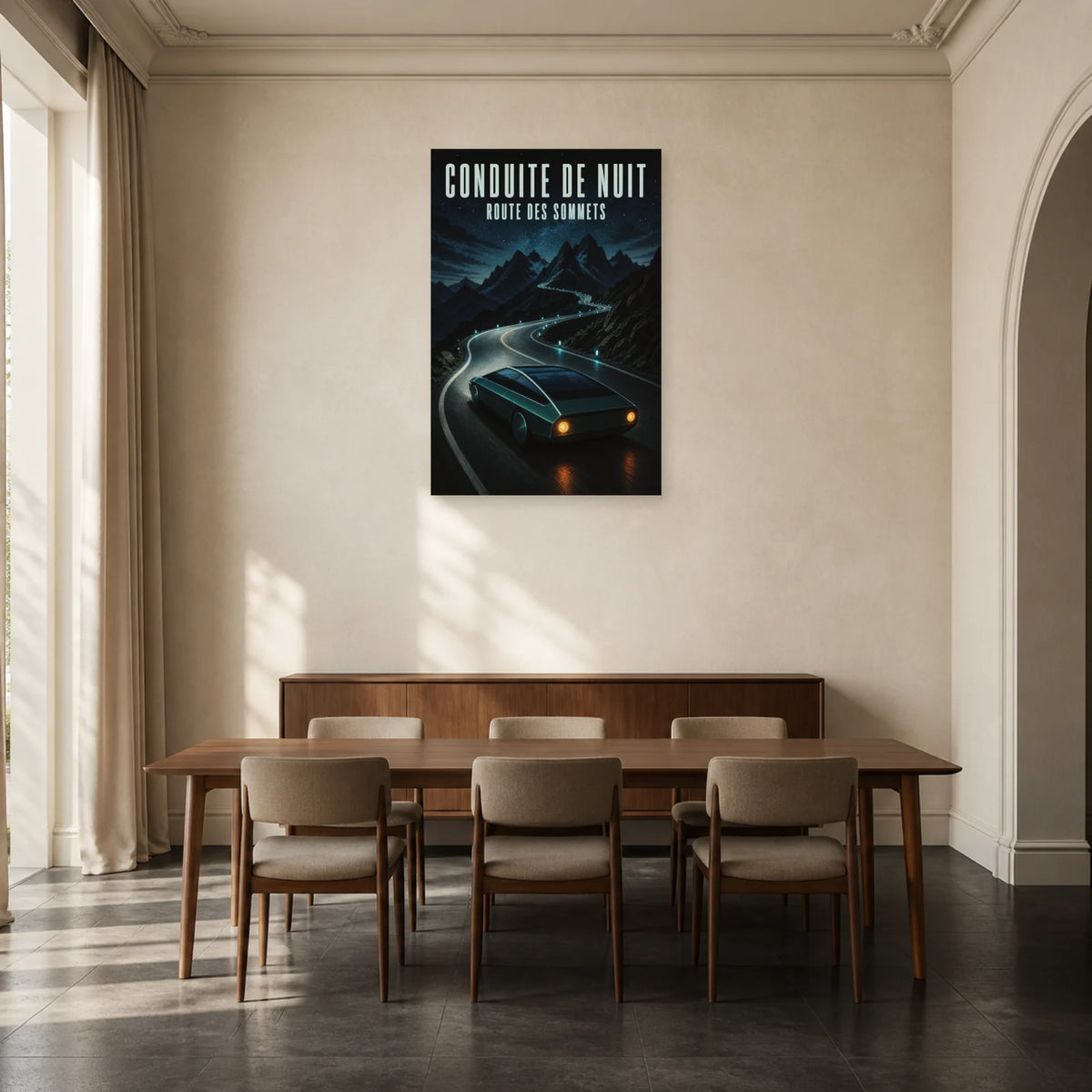 Affiche Voiture de nuit – Route des sommets dans une salle à manger - Art Virtuoso
