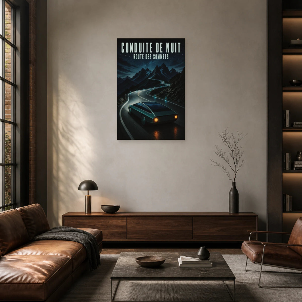 Affiche Voiture de nuit – Route des sommets dans un salon - Art Virtuoso