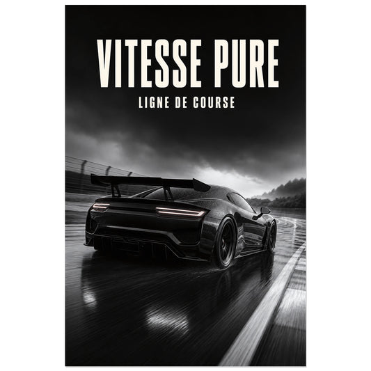 Affiche Vitesse pure – Ligne de course, photographie automobile noir et blanc réaliste et cinématographique verticale, format 30 × 45 cm