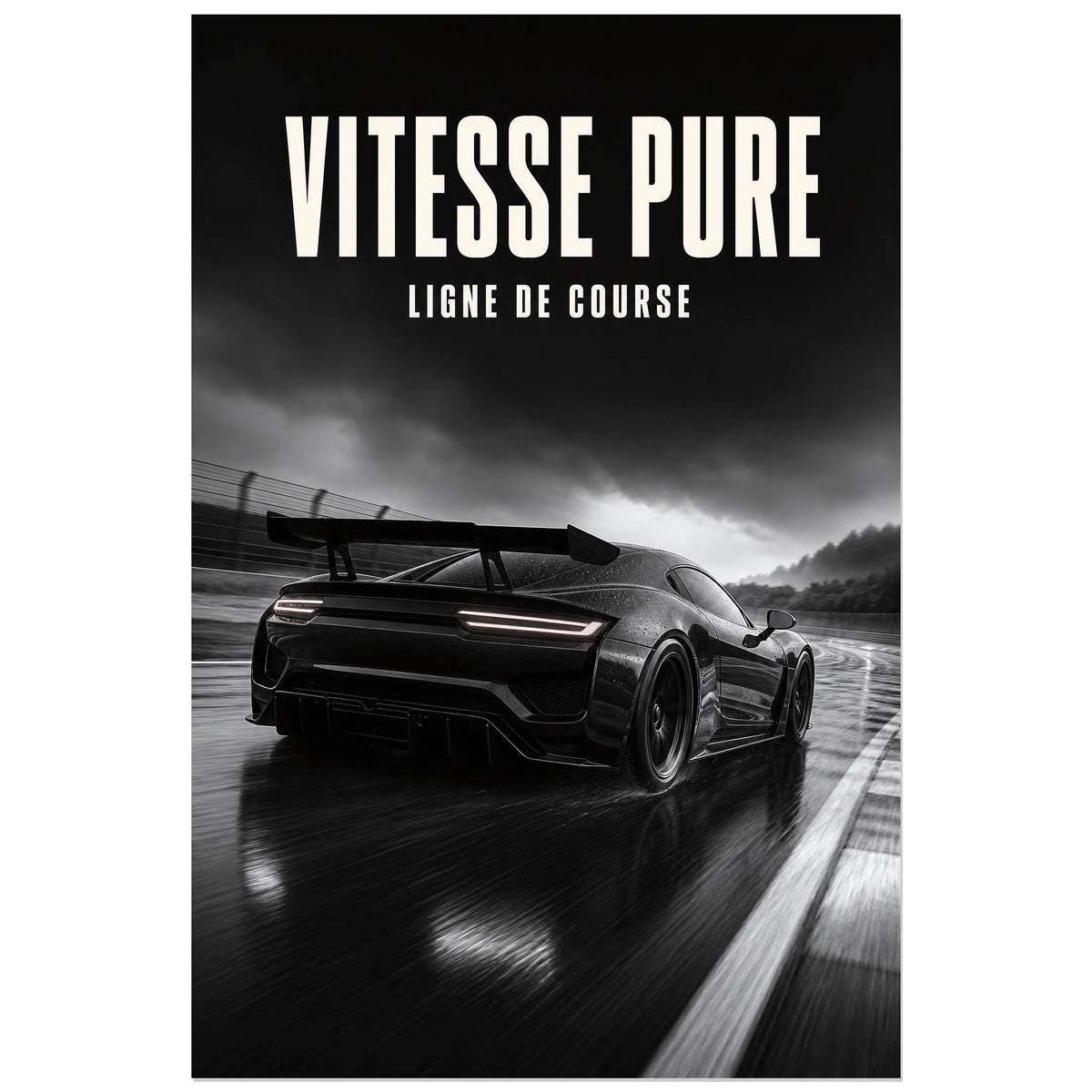 Affiche Vitesse pure – Ligne de course, photographie automobile noir et blanc réaliste et cinématographique verticale, format 40 × 60 cm