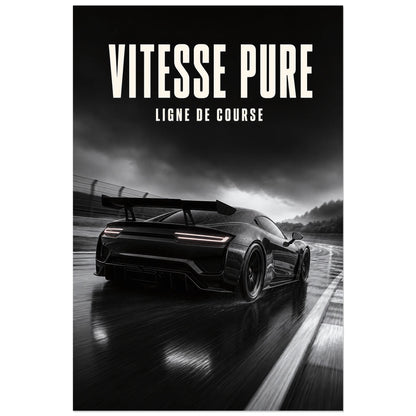 Affiche Vitesse pure – Ligne de course, photographie automobile noir et blanc réaliste et cinématographique verticale, format 60 × 90 cm