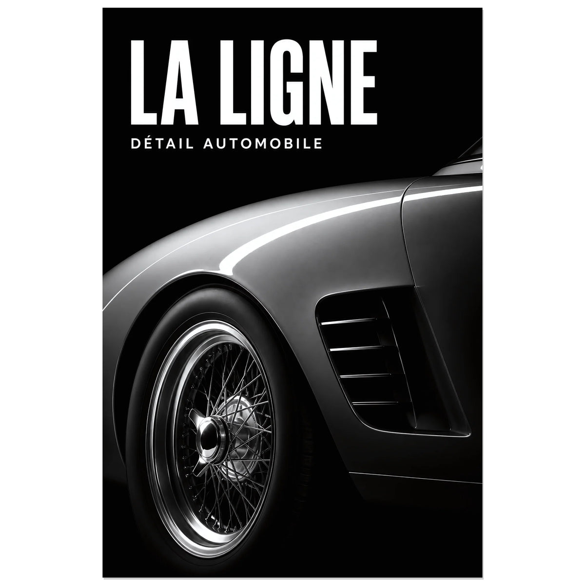 Affiche La ligne – Détail automobile, photographie automobile noir et blanc en gros plan sculptural verticale, format 60 × 90 cm