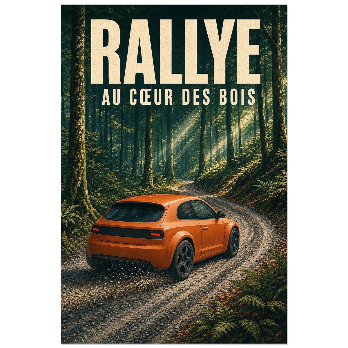 Affiche Rallye – Au cœur des bois, illustration sportive rétro de rallye en forêt à texture imprimée légère verticale, format 30 × 45 cm