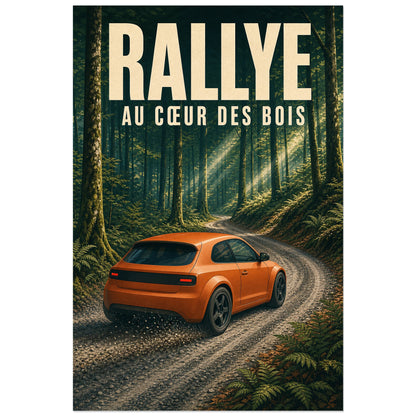 Affiche Rallye – Au cœur des bois, illustration sportive rétro de rallye en forêt à texture imprimée légère verticale, format 30 × 45 cm