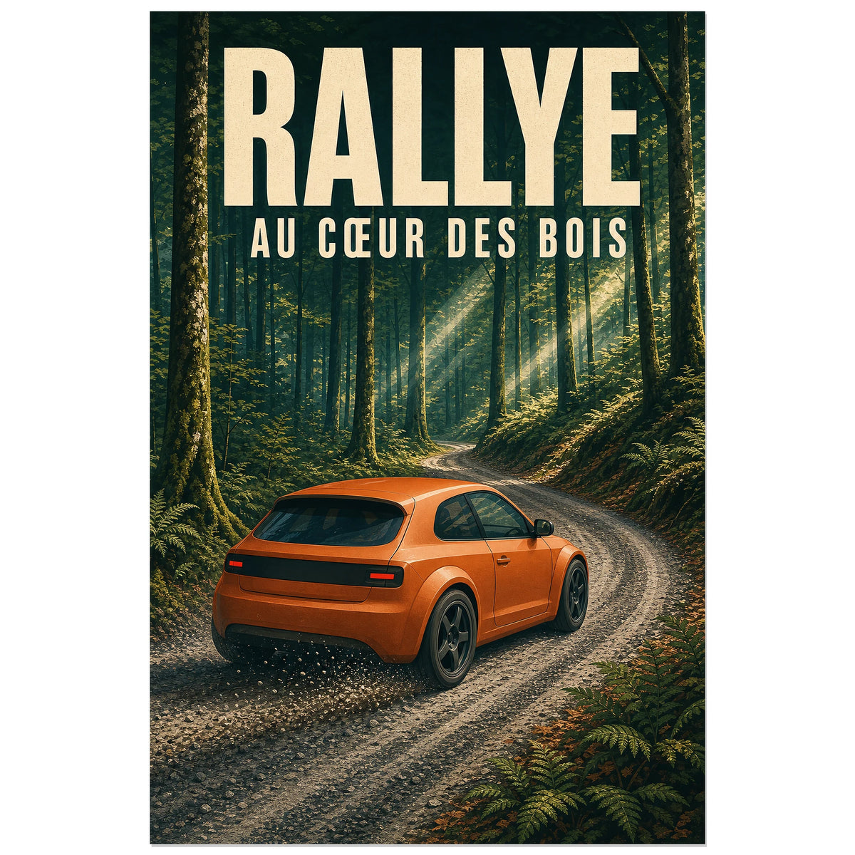 Affiche Rallye – Au cœur des bois, illustration sportive rétro de rallye en forêt à texture imprimée légère verticale, format 40 × 60 cm