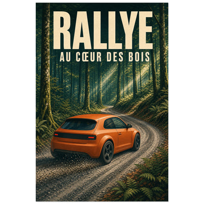 Affiche Rallye – Au cœur des bois, illustration sportive rétro de rallye en forêt à texture imprimée légère verticale, format 40 × 60 cm